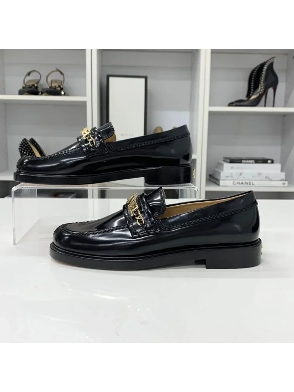 Chanel Patent Logo CC Chain Loafers Black